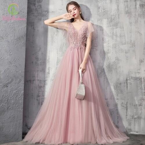 SSYFashion New Sweet Pink Evening Dress Banquet Elegant V-neck Lace Appliques Long Prom Formal Party Gown Vestidos De Noche