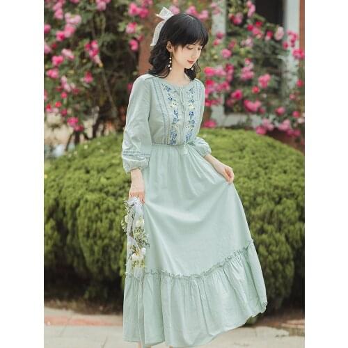 Retro Ethnic Mint Green Embroidered Womens Dress 2021 Summer New Three-Quarter Sleeve Lace-Up Girl Travel Holiday Dress
