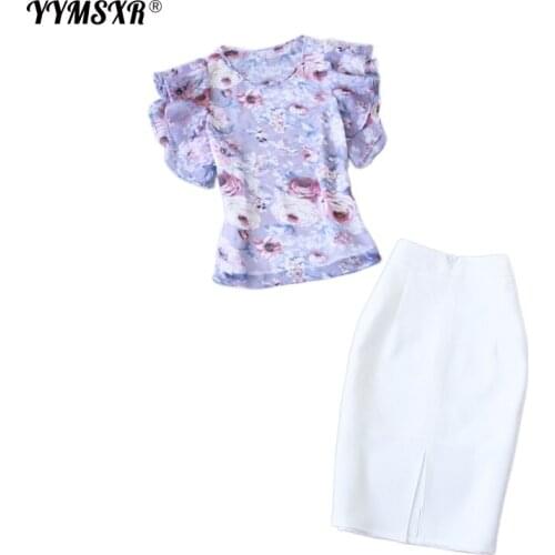 2021 High-quality Summer New Style Purple Chiffon Thin Short-sleeved Small Shirt Top + White Package Hip Skirt 2-piece Set