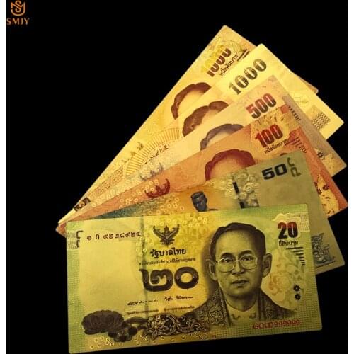 6Pcs/Lot Asian Currency Thai Gold Banknote set20.50.100.500.1000 Baht Money in 24k Gold Plated Banknote for Christmas Gifts