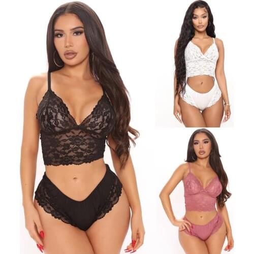 Women Lace Underwear Set Female Camisole Lingerie Bra + High Waist Briefs Sexy Deep V-neck Erotic Clothing for Ladies