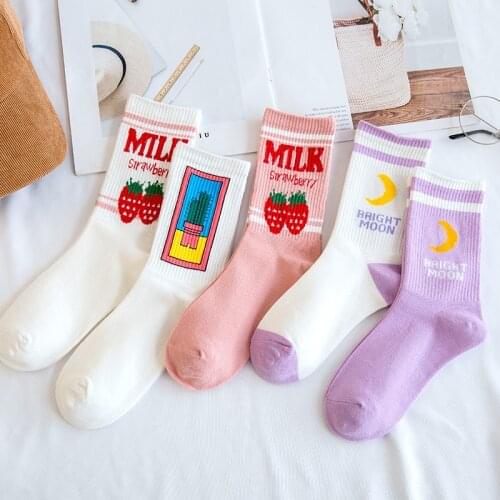 Womens Socks Japanese Cotton Colorful Cartoon Cute Funny Happy kawaii Moon strawberry cactus Socks for Girl Christmas Gift