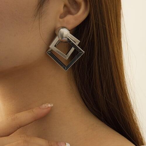 New INS Simple Cold Wind Double Diamond Earrings Geometric Exaggerated Hollow Metal Earrings European and American Style Jewelry