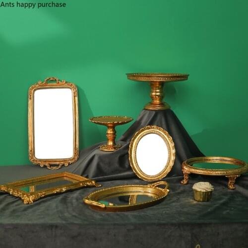 European Style Retro Golden Cake Pan Dessert Table Decorating Cake Stand Resin Glass Mirror Snack Tray Wedding Display Stand