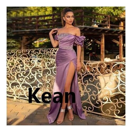 Off the Shoulder Slit Evening Dress robe soiree Islamic Dubai Kaftan Saudi Arabic Evening Gown Boho Prom Dress