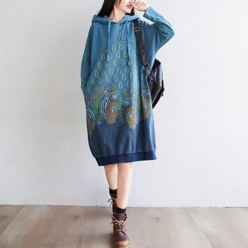 Women Printed Hooded Dress Autumn Retro Casual Print Loose Dress Female Ladies Dress 2020