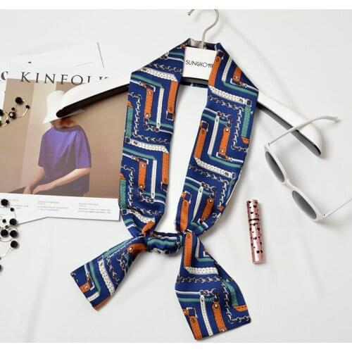 2019 New Neck Tie Long Ribbon Twill Silk Scarf Dot Plaided Patchwork Floral Print Neckerchief Hair Band Skinny womenNeck Scarves