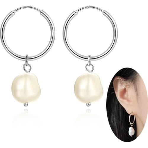 Baroque Natural Freshwater Pearl Drop Earrings Dangle Pendant 925 Sterling Silver Plated Hoop Earring For Women