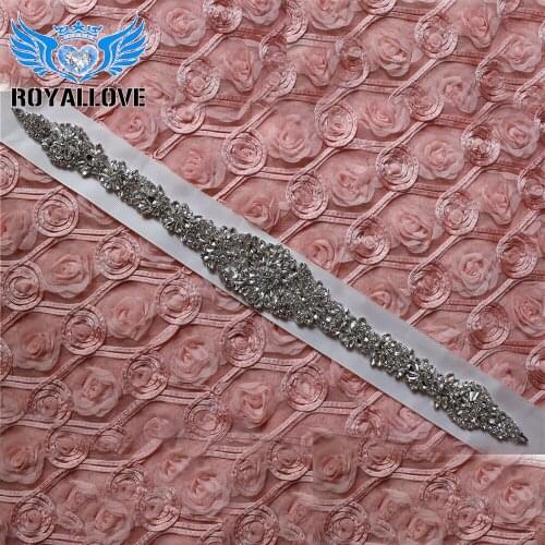 Handmade Bling Sew On Hot Fix Beaded Crystal Silver Rhinestone Applique for Bridal Wedding Dress Belt Headbands Sashes 18.0"L