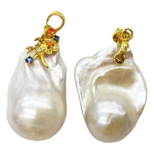 Natural white baroque pearl pendants large fireball pearls gold cap pave rainbow CZ flame ball pearl for necklace making