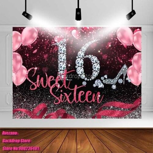 Avezano Photography Background 16th Birthday Party Banner Pink Balloon Diamond Glitter Backdrop Photo Studio Photozone Photocall