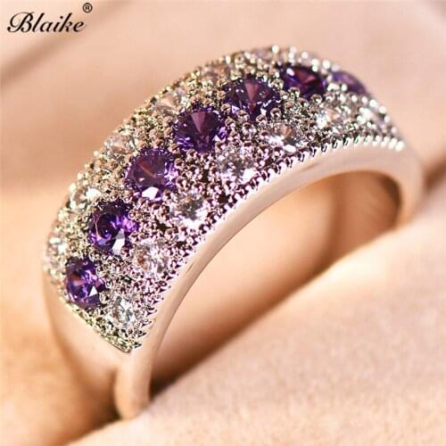 Blaike Purple Cubic Zirconia Birthstone Rings For Women White Gold Filled Stackable Ring Female Wedding Jewelry Trendy