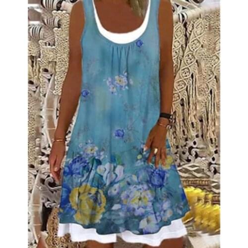 Summer Women Fashion Dress Loose Casual Sleeveless Floral Print Round Neck Splice Dress Plus Size Knee Length Dresses