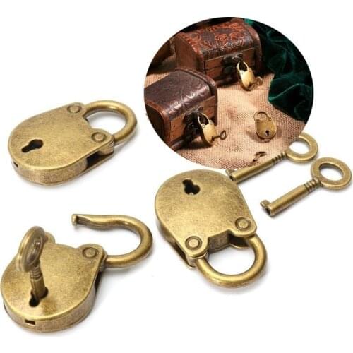 Metal Old Vintage Style Mini Padlock Small Luggage Box Key Lock Copper Color Home Usage Hardware Decoration