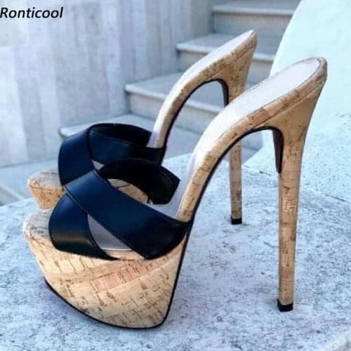 Ronticool Handmade Women Mules Sandals Slippers Cork Unisex Sexy Stiletto Heels Open Toe Elegant Black Casual Shoes US Size 5-20