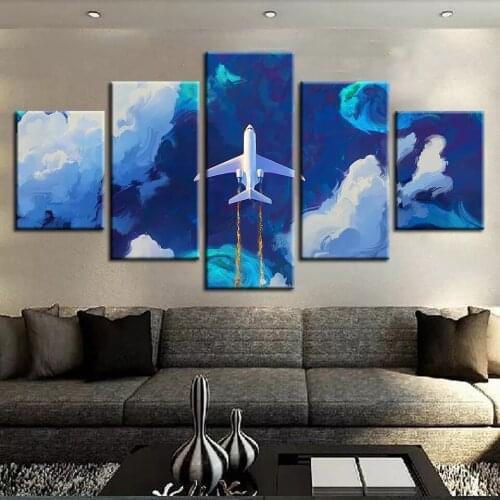 Wall Art Canvas Painting Frame 5 Panel Airplane In Flight Printed Modular Pictures Home Modern Decor Living Room Decoration