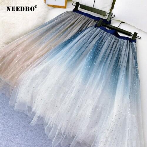 NEEDBO Fashion Tulle Skirts Women Sequins Pleated Skirt Midi Tutu Gradient Mesh Women Skirt Elegant 2020 Wedding Party Skirts