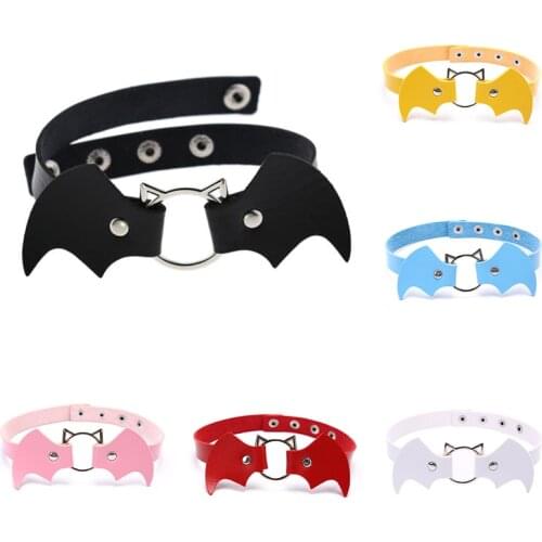 2020 New Gothic Punk Halloween Bat Choker Collar Necklace Women Adjustable Black White Leather Choker Necklaces Jewelry