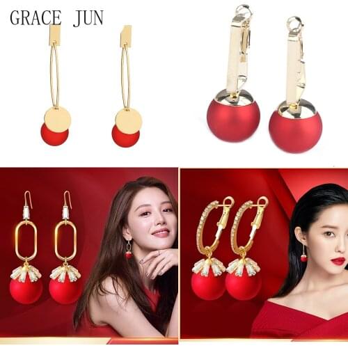 GRACE JUN New Arrival Gold Color Pearl Clip on Earrings No Pierced Fashion Bridal Wedding Hoop Earrings Charm Jewelry Ear Clip
