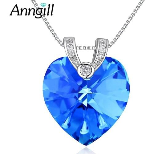 ANNGILL Crystals From Swarovski Heart Necklace Women Necklaces & Pendants Blue AB Luxury Fashion Jewelry Austrian Rhinestone