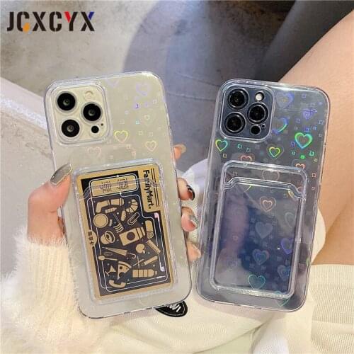 Laser love Gradient Transparent Soft Case For iPhone 13 11 12 Pro Max Mini X XS XR 7 8 Plus SE 2020 Wallet Card Holder Cover