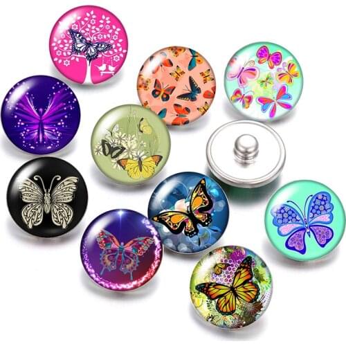 DB0463 Beauty butterfly 18mm snap buttons 10pcs mixed round photo glass cabochon style for snap button jewelry