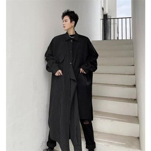 Asymmetrical Striped Patchwork Extended Long Shirt For Men Oversized Casual Long Sleeve Shirts Robes Man Goth Streetwear Blouse