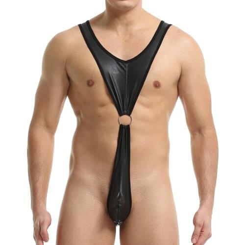 Sexy Mens Undershirts Thongs PU Leather Jumpsuits Gay Sissy Penis Pouch Jock Strap Wrestling Singlet Jumpsuits Latex Bodysuits