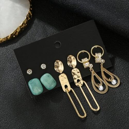 6 pairs/set trendy punk golden geometric metal statement earrings for women ethnic boho acrylic rhinestone wedding earrings