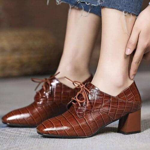 New Arrival Genuine Leather Women Pumps Fashion Lace Up Casual Single Shoes Spring Autumn 2 Colors High Heels Shoes Black