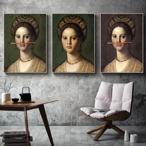 Vintage Woman Fun Lips Pen Classical Canvas Painting Posters and Prints Wall Art Nordic Pictures for Living Room Home Decoration