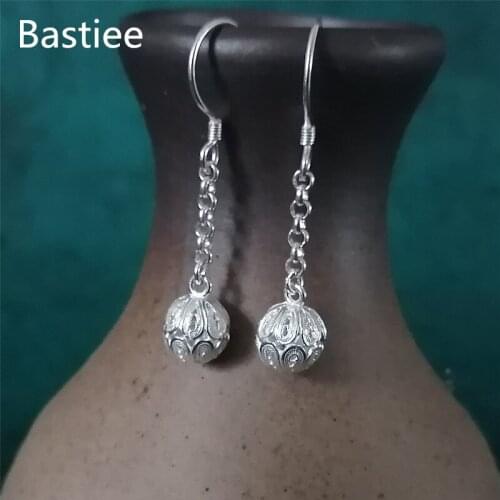 Bastiee Ball Dangle Earrings For Women 999 Sterling Silver Jewelry Luxury Fine Round Drop Earring Hmong Handmade Gift Christmas