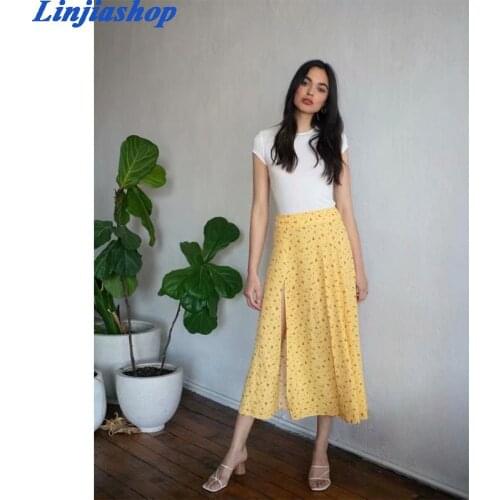 Sexy slim floral print midi skirt casual high waist zipper lining long split harajuku skirt femme vestidos