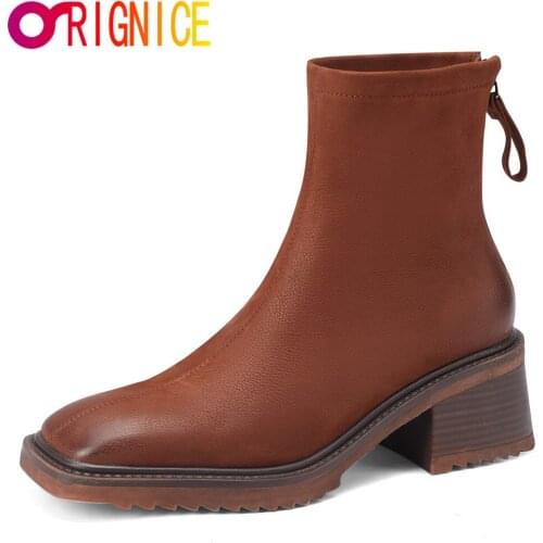 Orignice New Genuine Leather Ankle Boots Zipper Chunky Heels Black Brown Autumn Winter Women Fashion Square Toe Party Shoes
