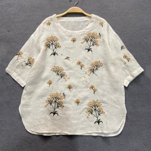 Johnature Japanese Embroidery Print Womens Tops 2021 Summer New Vintage Linen Short Sleeve Female Shirts
