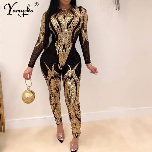 Sexy Sequin bodysuit summer bodycon jumpsuits women elegant overalls Long sleeve rompers playsuits party club jumpsuits outfits
