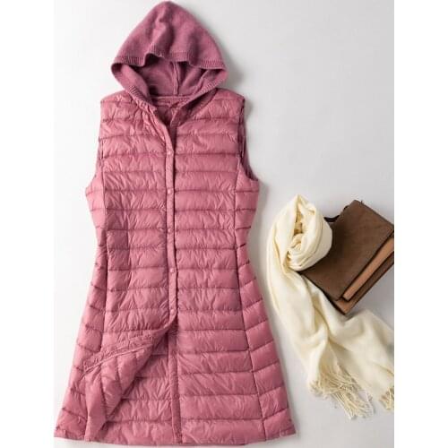 Hooded Womens Down Vest Long Coat Slim Fashion Ultra Light White Duck Down Waistcoat Female Fashion Winter Ladies Jacket Vests