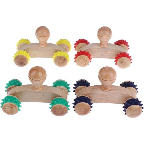 1Pcs Massager Relaxing Hand Foot Head 4 Solid Wooden Roller Body Face Massage Tool Reflexology Foot Massage Color Random