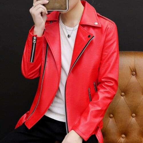 2021 Mens New Rivet Oblique Zipper Leather Youth Slim PU Leather Polo Collar Jacket