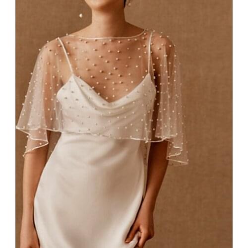 2021 Pearls Wedding Cape Short Front Long Back Women Wrap Cape Evening Wrap Shawl Wedding Accessories Bolero Bridal Cloak