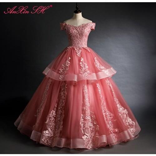 AnXin SH vintage princess rose pink beading pearls boat neck ball gown ruffles flower lace bride party host stage evening dress