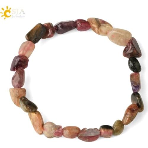 CSJA Colorful Pink Tourmaline Stretch Bracelets Natural Raw Stone Nuggets Chip Bead Handmade Elastic Bracelet for Women Men G640