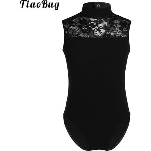 Classic Kids Girls Sleeveless Turtle Neck Lace Back Ballet Dance Bodysuit Gymnastics Leotard Jumpsuit