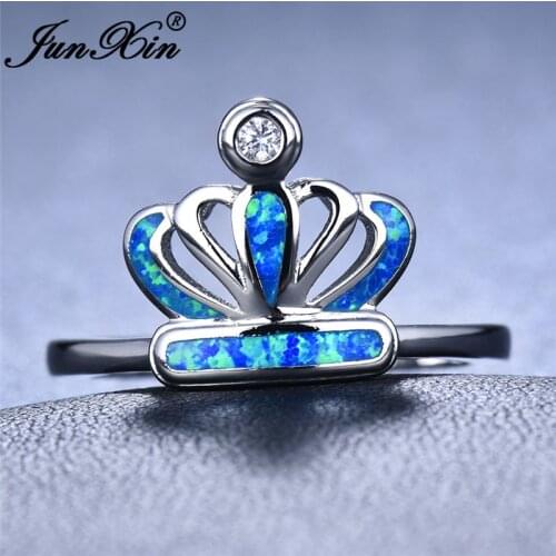 JUNXIN Cute Queen Crown Ring Silver Color Blue White Fire Opal Rings For Women Birthstone Engagement Rings Jewelry