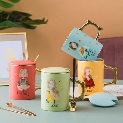 Korean Little Girl Mugs With Gold Handle Creative Ceramic Coffee Tea Cup With Lid & Spoon Cute Mug Gift For Girls Friends Mother