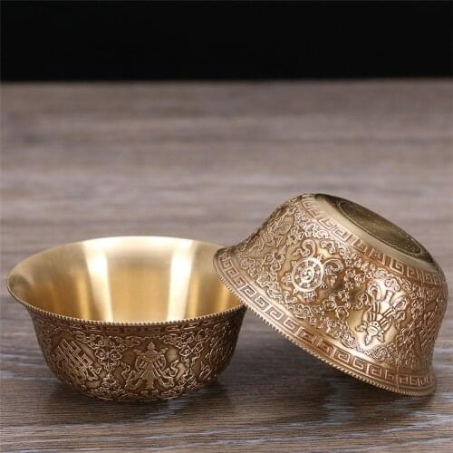 Creative Embossed Copper Drinking Bowl Pure Brass Carved Auspicious Tibetan Holy Water Cup Golden Buddhist Bowl Drinkware Gift