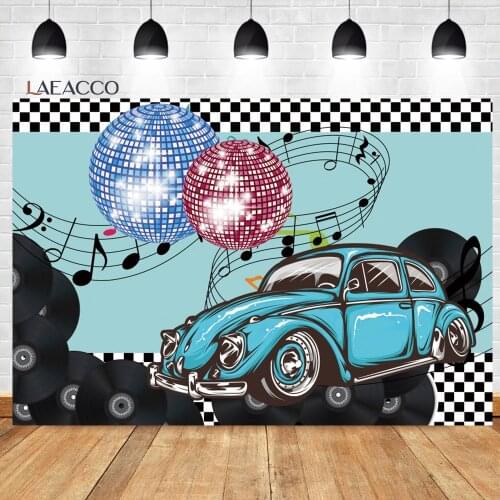 Laeacco Welcome To Disco Party Old Fashion Backgrounds Cartoon Car Musical Note Balloon Baby Customized Photography Backdrops