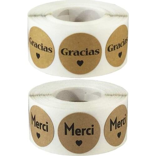 Merci French Gracias Spanish Autocollant Thank You Stickers Cute Small Round for Thank You Card Wedding Invitation Package Seal