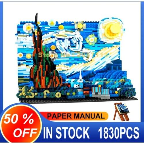 MOC Pixel Art Mosaic Starry Van Gogh Painting World Masterpiece Building Blocks Bricks DIY Educational Toys Gifts