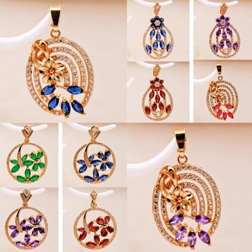 Trendy Classic Red Green Purple Round Pendant Flower Cubic Zirconia Waterdrop For Women Girls Fashion Jewelry Accessories Gift